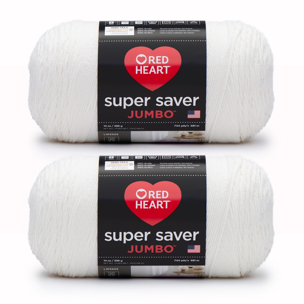 Red Heart Super Saver Jumbo White Yarn - 2 Pack of 396g/14oz - Acrylic - 4 Medium (Worsted) - 744 Yards - Knitting/Crochet